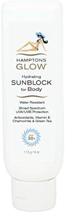 Hamptons Glow SPF30+ Broad Spectrum Anti-Aging Sunblock - Water Resistant, Alcohol Free, Hydrating, Plus Antioxidants, Vitamin E, Chamomile, Green Tea, Aloe, &amp; Arginine