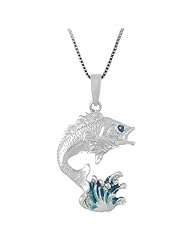 Sterling Silver Jumping Bass Fish Necklace Pendant with Blue Enamel with Box Chain