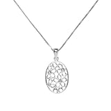 Rhodium Plated Sterling Silver Oval Floral Filigree Pendant On 16-18in Adjustable Box Chain Necklace