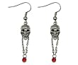 Skull with Chained Ruby Earrings - Pewter - 0.75'' Height