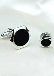 Tuxedo Cufflinks and Stud Set - "Inner City"-Silver Trim with Black Center-Six Sided