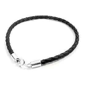 Sterling Silver and Braided Black Faux Leather Bracelet - 8" by 