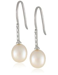 Sterling Silver Cubic Zirconia and Freshwater Cultured Pearl Linear Drop Euro Wire Earrings