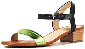 Messeca New York Women's Low Block Heel Sandal, Black and green leather, 9 US
