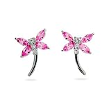 Sterling Silver Pink Cubic Zirconia Dragonfly Earrings