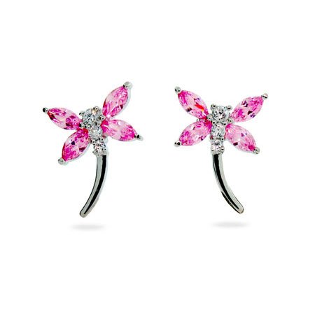 Eve's Addiction Sterling Silver Pink Cubic Zirconia Dragonfly Earrings