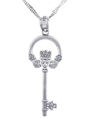 925 Sterling Silver Claddagh CZ Key Pendant with 18" Silver Rolo Chain