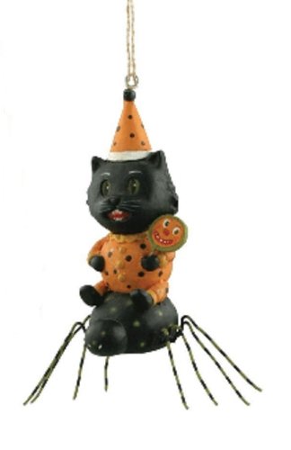 Bethany Lowe Greg Guedel Black Cat Riding a Black Spider Halloween Ornament