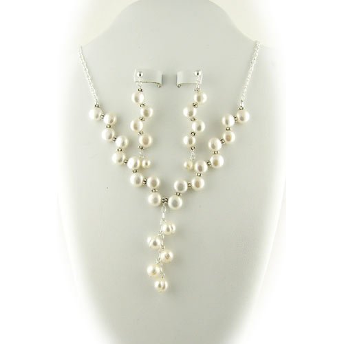 Bridal Y Cream Freshwater Pearl Elegance Necklace Earrings Set