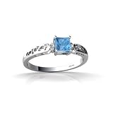 14K White Gold Genuine Square Blue Topaz and Diamond Filligree Ring