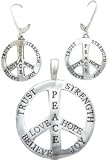 Trendy Love Hope Trust Believe Peace Charm Pendant & Matching Earrings Set Silver Tone