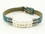 Denim Leather Bracelet with two rows of Pearls