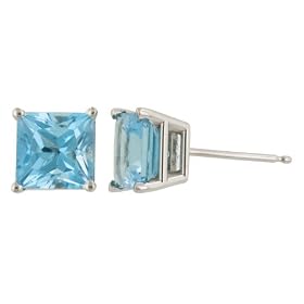 14k White Gold 6mm Princess Cut Blue Topaz 4-Prong Stud Earrings by
