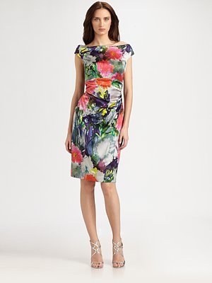 Cheap Women Clothes : Kay Unger Gray Multi Silk Floral Print Off Shoulder Sheath Dress Cheap