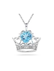 Blue Topaz & Diamond Crown Heart Pendant in 10K White Gold