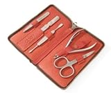 Top Quality Travel Stainless Steel Manicure Set in Tobacco Leather Case by Alpen. Made in Italy