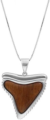 Sterling Silver Koa Wood Shark Tooth Pendant with Box Chain (22 Millimeters)