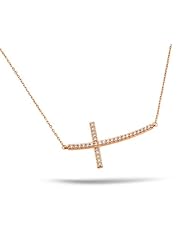 Sterling Silver Rose Gold Plated Sideways 1.5 Inch Curved Cz Cross Necklace 16 Inch Plus 1 Inch Adjustable Chain