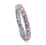 Nickel Free Sterling Silver Round Shaped Pink Cubic Zirconia Prong Set Polished Finish Eternity Band Ring Size 5, 6, 7, 8, 9, 10