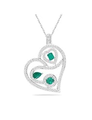 1.22 Cts Diamond & 1.20 Cts Natural Emerald Heart Pendant in 18K White Gold