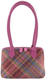 Authentic Islay Tweed and Leather Designer Over Shoulder Handbag in Classic Pink Traditional Check