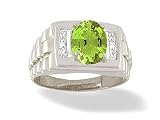 14K White Gold Genuine Oval Peridot and Diamond Men's Ring