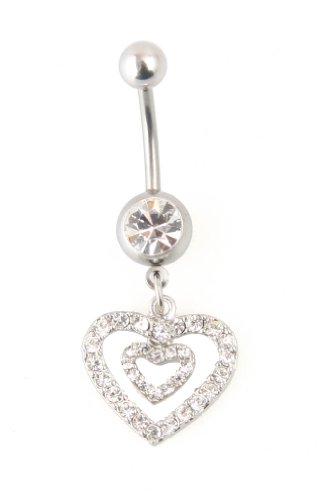 Dangling Heart Belly Ring with Stones
