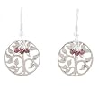 Round Tree of Life Cut Out Design Dangle Earrings in Sterling Silver with Beads of Garnet, #8088