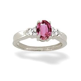14K White Gold Genuine Oval Pink Tourmaline and Diamond Ring by Jewels For Me