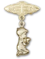 14kt Gold Baby Badge with Praying Boy Charm and Badge Pin with Cross
