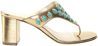 Loriblu Gold Leather Thong Slide With Turquoise Stones