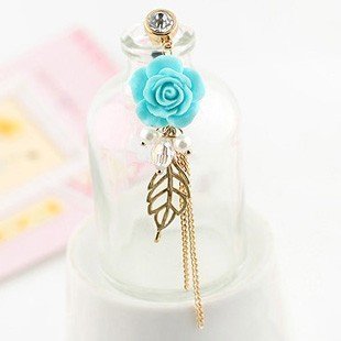 TOOGOO(R) Earphone Jack Accessory Gold Plated Blue Flower Golden Leaves Tassel Chain Beads Crystal Pearls / Dust Plug / Ear Jack For For Iphone 4 4S / iPad / iPod Touch / Other 3.5mm Ear Jack