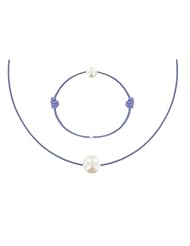 Les Poulettes Jewels - Necklace and Bracelet Set White Pearl 8-9 mm with Lilac Color Wax Cord