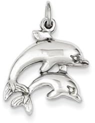 Mother And Baby Dolphin Charm / Pendant In 14 Karat White Gold