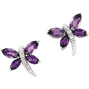 14K White Gold Genuine Amethyst and 0.04CT Diamond Earrings PAIR 5X5.2,6X3.... by