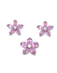 Sterling Silver Plumeria Nature Flower Pendant and Earrings Jewelry Set with Pink and Clear CZ