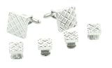 Silver plated diamond patterned square cufflinks and shirt studs formal set with presentation box. Made in the U.S.A