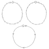Sterling Silver Set of Three: Heart-Link, Twisted-Bar-Link and Thin Box w/ Bead Station Chain Bracelets, 7