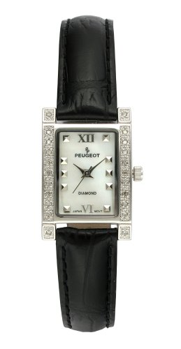 Peugeot Womens Genuine Diamond (.10c) Bezel Watch with a Black Genuine Leather Strap