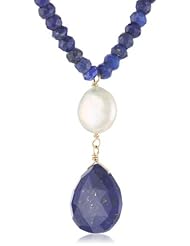 14k Lobster Clasp with Natural Lapis Faceted 4mm Rondelles, Heart Shape Briolette and Freshwater Cultured Coin Pearl Pendant Necklace, 17"