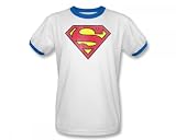 Superman Retro Supes Logo Distressed Adult Ringer S/S T-shirt in White/Royal by DC Comics