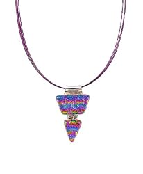 Necklace / Pendant - XP-43 - Genuine Handmade Dichroic Glass Pendant Hung on a 16" Stainless Steel Purple Colored Multi-Strand Cord + 2" Extension Chain ~ .925 Sterling Silver