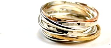 7 Band Mixed Metal Interlocking Ring - 15 mm Wide - Silver, Gold, Pink Gold - Hammered and Smooth