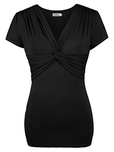 Ninedaily Women Short Sleeve Tops Cross-front Twist Knot V Neck Ruched Blouse