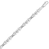 Sterling Silver Rhodium Plated Concave Bar and Diamond Cut Heart Chain Bracelet