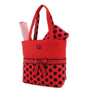 Quilted Large Red and Black Polka Dot Monogrammed 3pc Diaper Tote