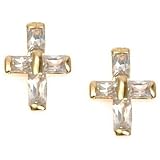 18kt Gold Over Sterling Silver Small Cross Stud Earrings W/ Clear CZ