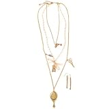 Victorian Long Layered Necklace with Hand Mirror Charms Gold Tone