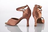 Article 4X - Ladies' Latin Sandal with a 3.0 Inch Square Heel in Tan Satin
