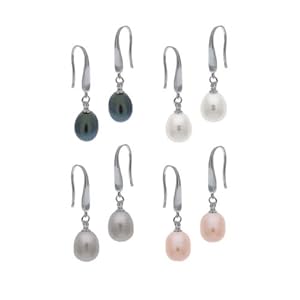 Sterling Silver 8-9mm Genuine Freshwater Cultured White, Pink , Grey, Peacock Dangle Earrings Set